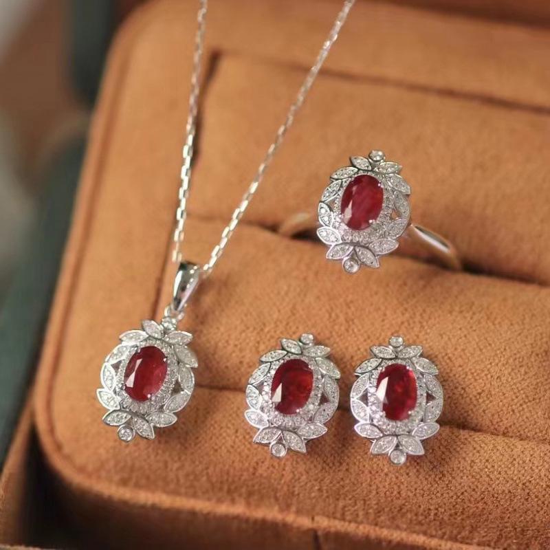 Gemstone Set: Red Zircon Necklace, Versatile Ring, Luxury Stud Earrings