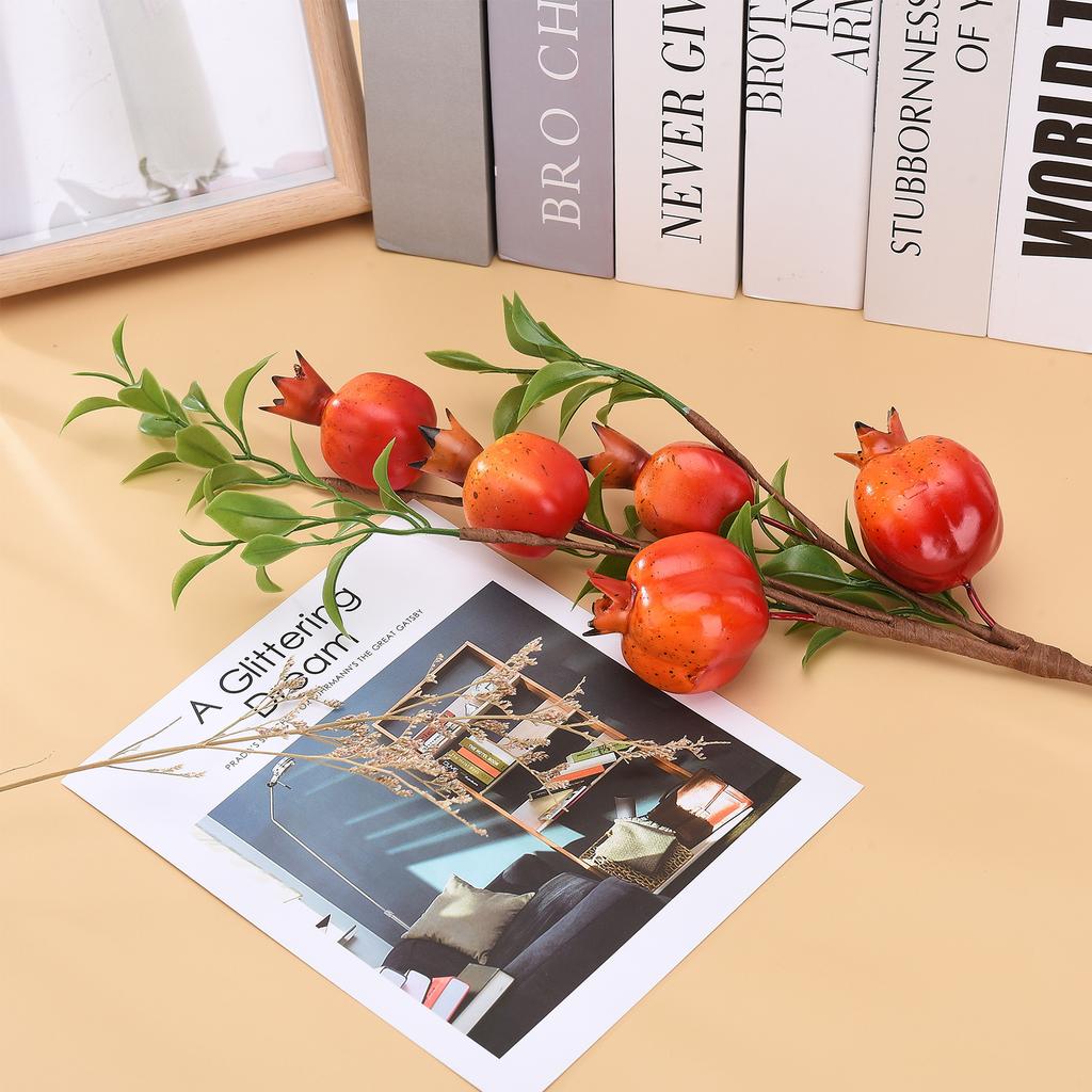 Artificial Pomegranate Branch with Red Fruit Green Leaves Simulated Decoration for Home