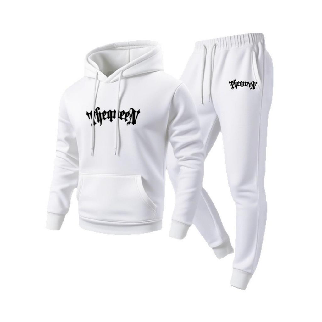 Men's Casual Solid Color Letter-printed Sweatshirt Set, Men's Fleece Hooded Drawstring Sweatshirt And Sweatpants Two-piece Set