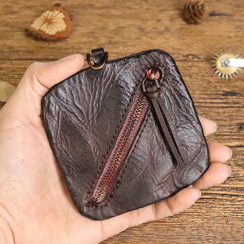 

Head Layer Cowhide Vegetable Tanned Leather Coin Purse for Women, Simple and Compact Zipper Bag for Earphones, and Storage Bag for Women