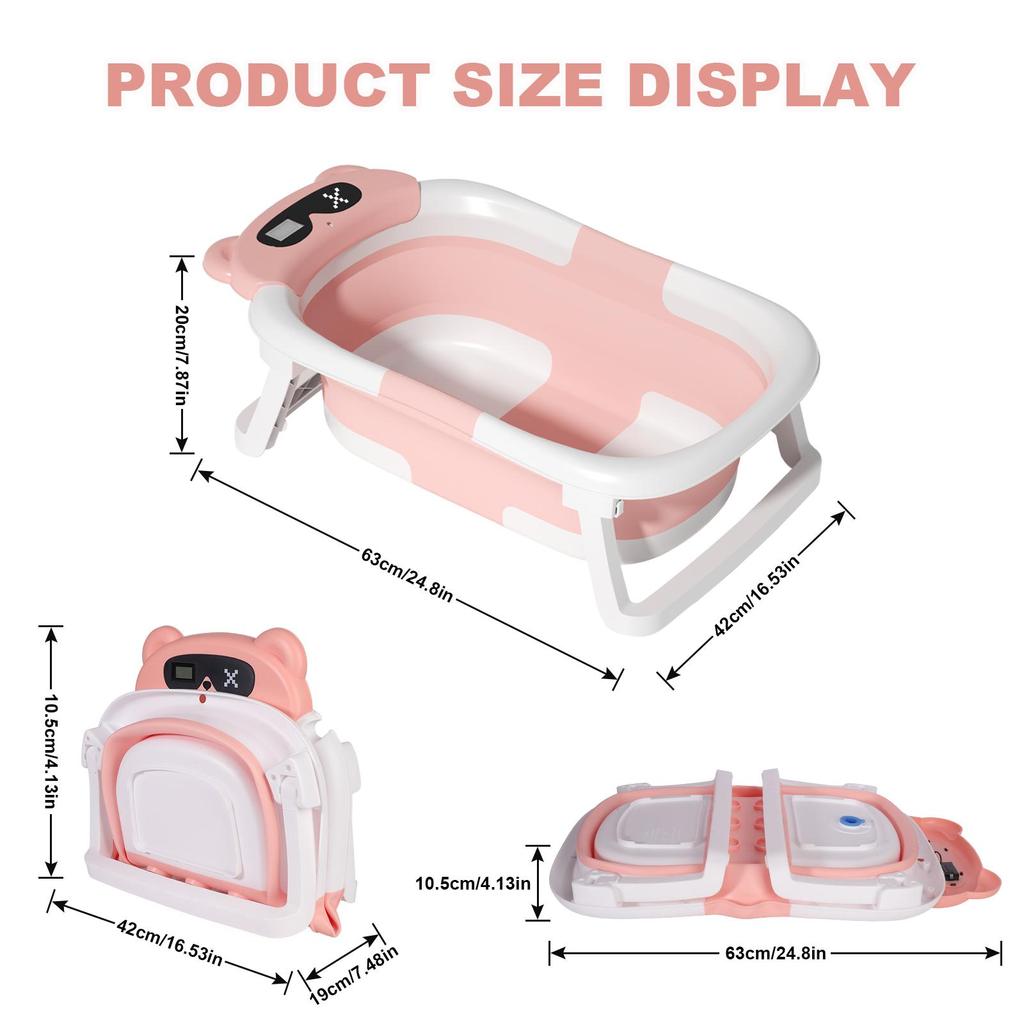 Foldable Baby Bathtub for Infants To Toddler, Portable Travel Bathtub with Thermometer & Bath Cushion & Bath Cap, Baby Bathtub for Newborn 0-36 Month