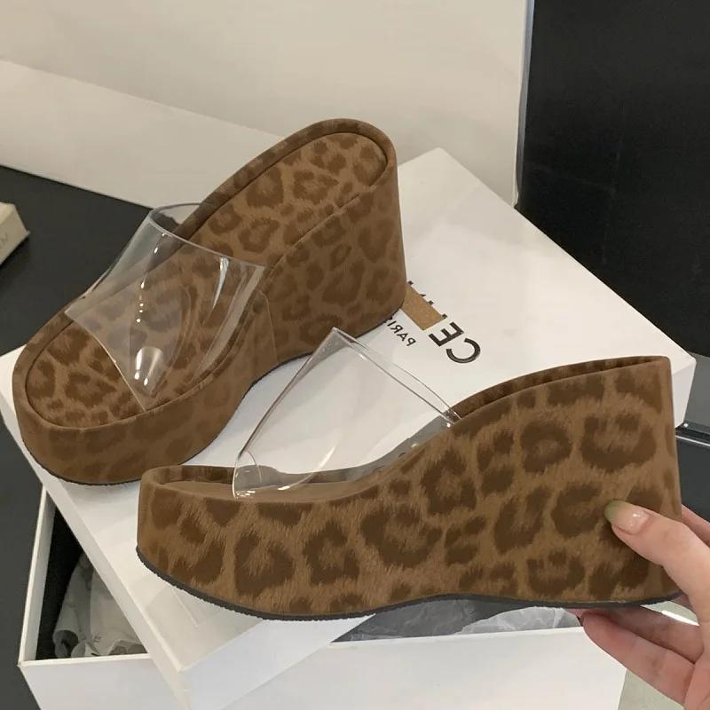 New Design Leopard Print Platform Wedges Women's Slipper Summer PVC Transparen Open Toe High Heels Party Dress Shoes