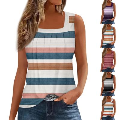 Square Collar Tank Top Women Print Tank Tee Casual Loose Fit Sleeveless Shirt