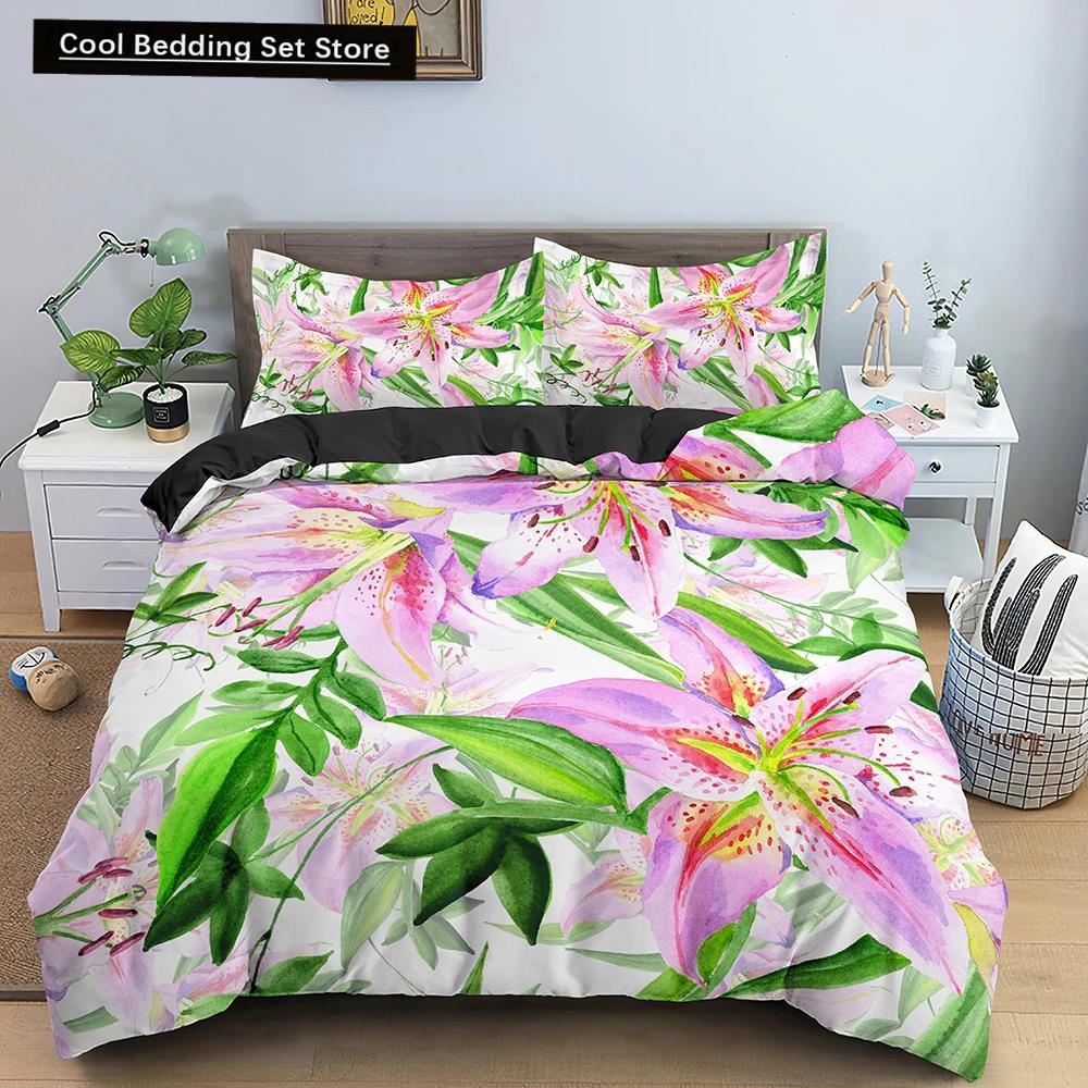 Comforter Flowers King Queen 3D Colorful Floral Printed Polyester Bedding Set For Teens Adults Women Leaves Soft