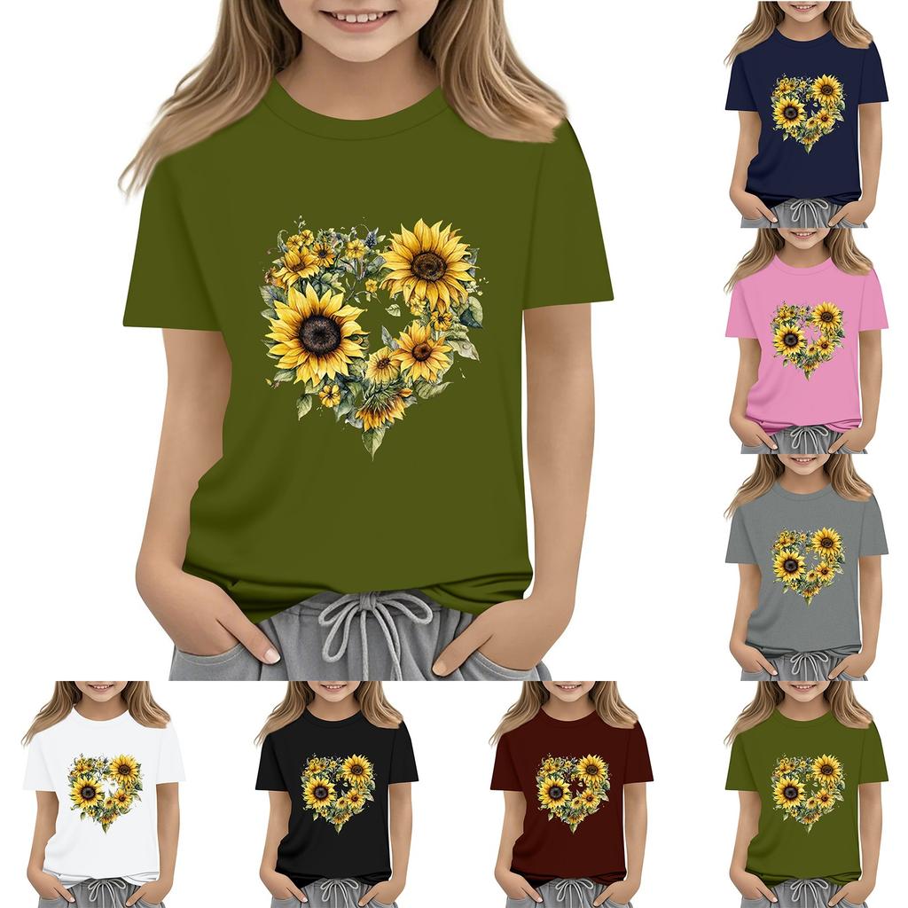 Summer Kids Round Neck Top Sunflower Short Sleeve T-shirt Top