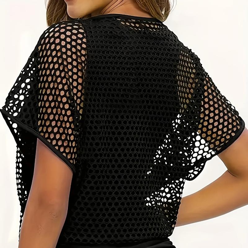 Women's Casual Vintage Fishnet T-Shirt and Tank Top Set with Cut-Out Design