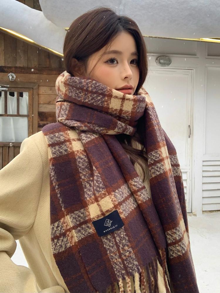 Retro Purple Plaid Print Women Men Scarf Winter Scarve Pashmina Mujer Femme Male Foulard Bufanda Tassel Long Wrap Shawl Unisex