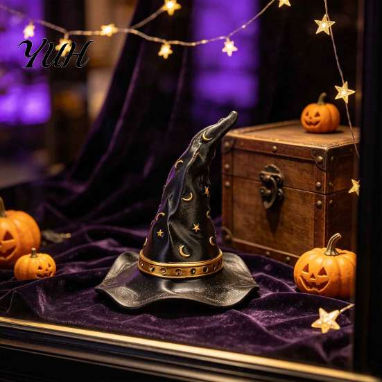 Halloween Home Interior Accents Resin Witch Hat Figurine, Wizard Statue with Star Moon Seasonal Window Display Ornaments Patterns, Gothic Desktop