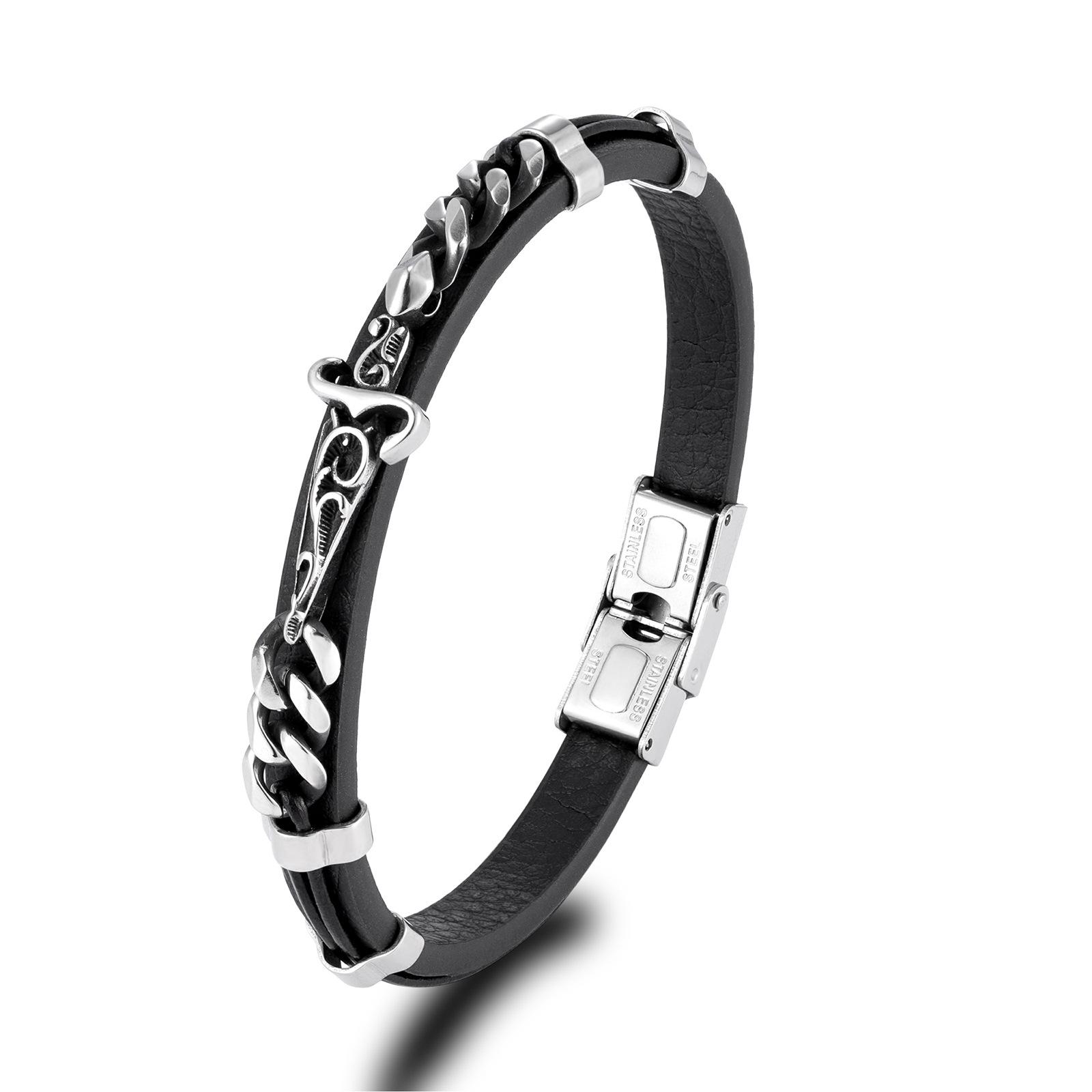 

European American Personality Trend Versatile Leather Rope Totem Bracelet Stainless Steel Carved Ins Commuting Accessories