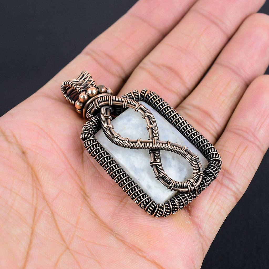 Rainbow Moonstone Pendant Gemstone Jewelry, 999 Copper Wire Wrapped Pendant, Handmade Beautiful Jewelry Pendant