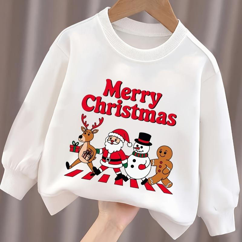 Kids Crewneck Sweatshirt, Christmas Print with Santa, Reindeer, Snowman & Gingerbread Man, Spring Autumn Casual Tops