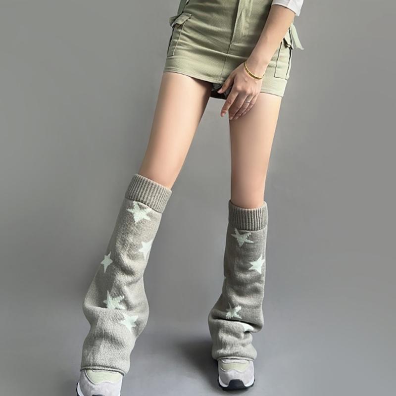 Girls Lolitas Leg Warmers Y2K Star Knitted Flared Leg Sleeves Goth Baggy Cuff Ankle Heap Socks JK Uniform Foot Cover