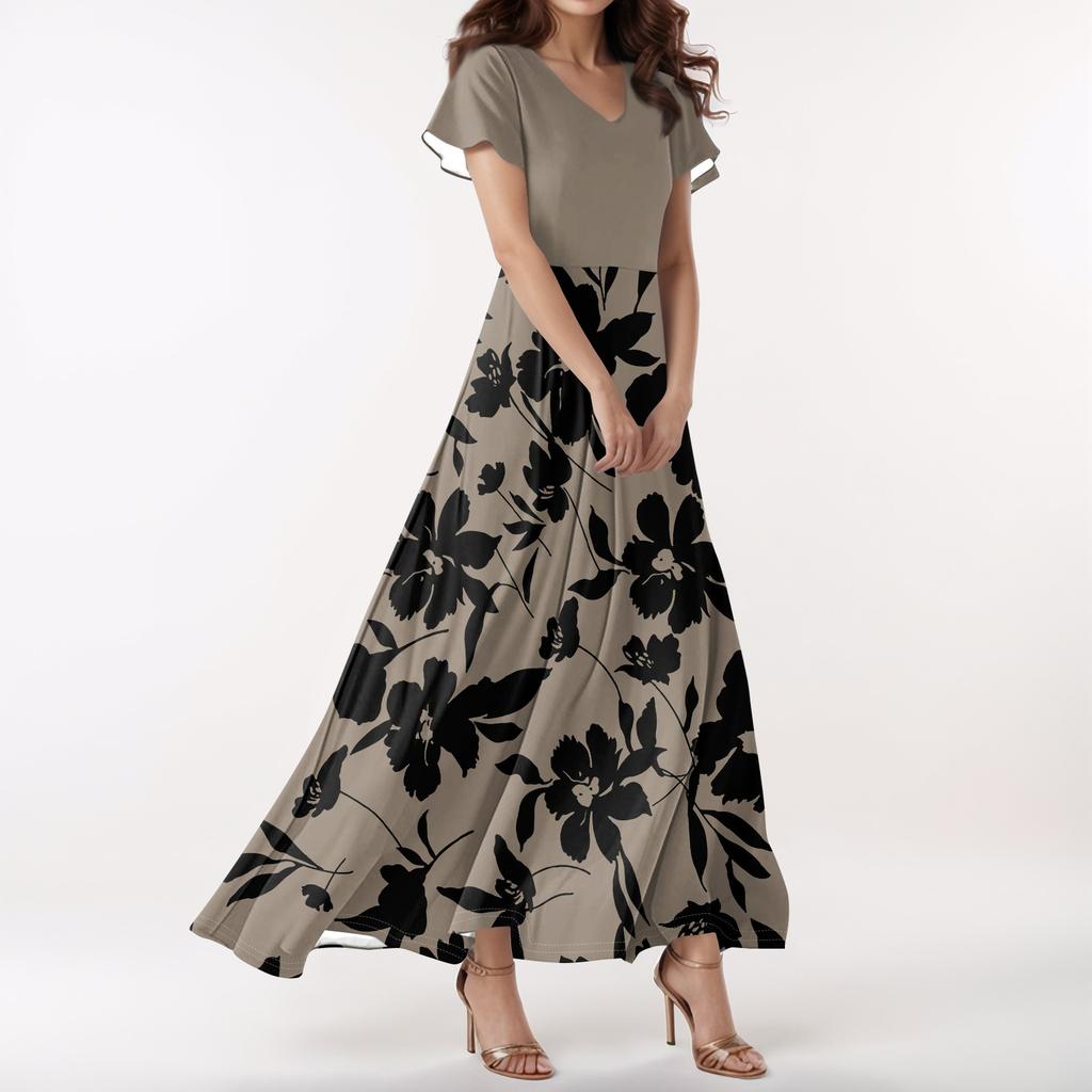 Women's Casual V-neck Short Sleeve High Waist Retro Flower Leaf Print Dress