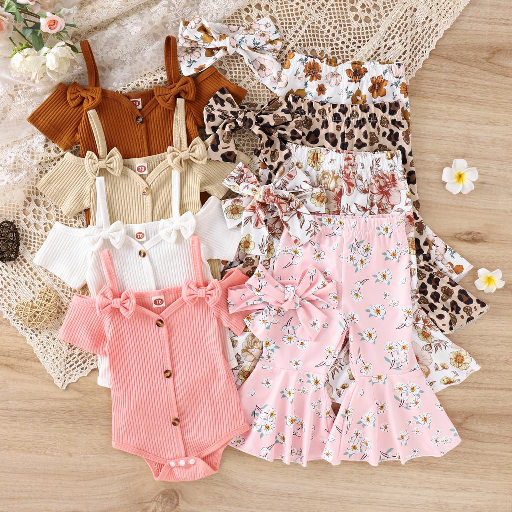 3Pcs Baby Girl Spring Outfits, Short Sleeve Cold Shoulder Romper + Flare Pants + Headband Set