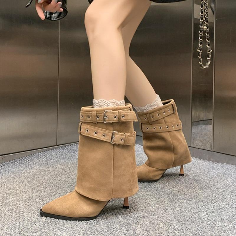Belt Buckle Mid-leg Boots Autumn New Pointed Toe Sleeve Studded Metal Buckle Thin Folkel Boots