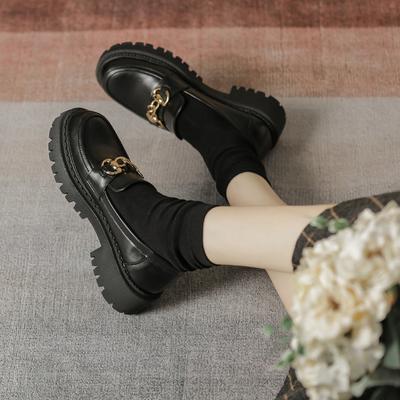 New British Style Black Leather Shoes Women's Horsebit Thick-soled Loafers Spring and Autumn Slip-on Platform Shoes