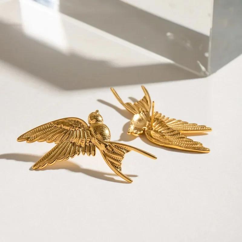 Gold PVD Plated Titanium Steel Dove of Peace Dangle Earrings for Women Non Tarnish Metallic Pendant Jewelry