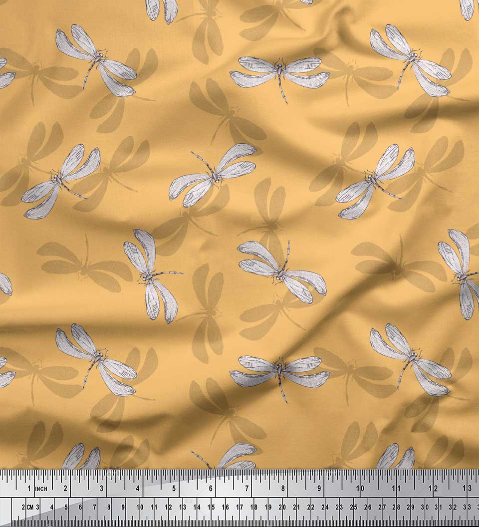 

Soimoi Blue Japan Crepe Satin Fabric Shadow & Dragonfly Insect Print Тканина на метр 42 дюйма 42 Inch Wide - Poly Crepe помаранчевий