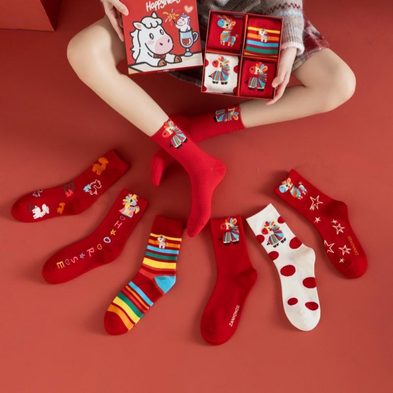1 Pair New Year Lucky Red Socks For Men Women Autumn Winter Warm Mid-Tube Socks Cartoon Pony Horse Socks Christmas Gifts