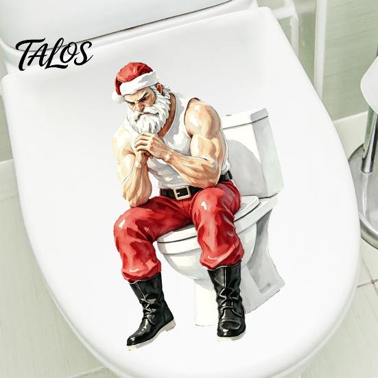 Creative Santa Claus Wall Murals Funny Muscular Toilet Seat Decal, Self‑Adhesive PVC Christmas Durable Outdoor Window Decorations Restroom Sticker,
