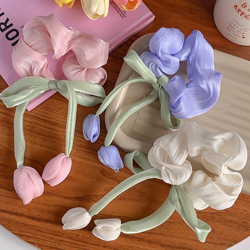 3pcs Sweet Girl Wind Mesh Strap Tulip Large Intestine Hair Hoop Handmade Butterfly Knot  Rope Tie Ponytail Knot Hair Tie