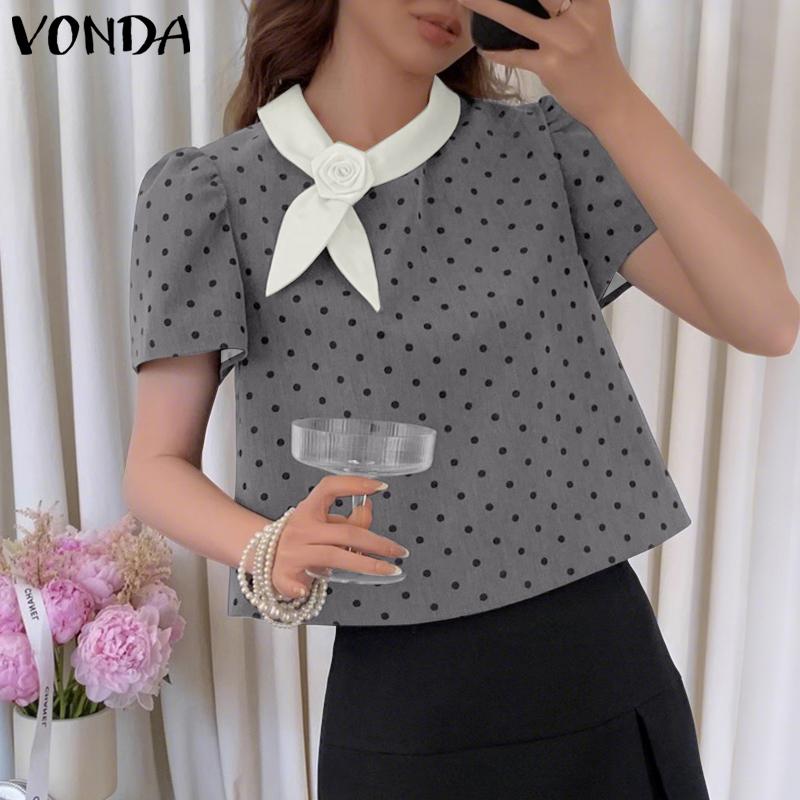 VONDA Women Stand Neck Puff Sleeve 3D Flower Polka Dots Casual Cropped Blouse
