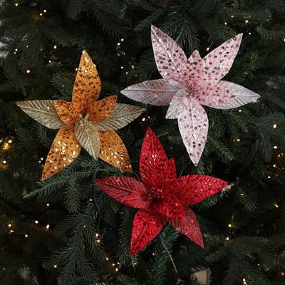 25CM Artificial Poinsettia Flower Sequins Sparkling Simulation Flowers Glitter Christmas Glitter Flower Christmas Tree Accessory