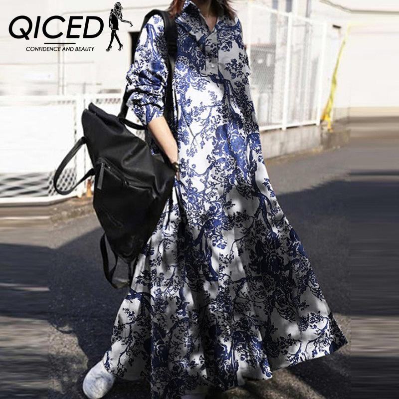 QICED Women's Loose Fit Maxi Dress with Long Sleeves and Floral Print