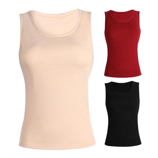 Women Thermal Vest Round Neck Sleeveless Thick Fleece Lining Bottom Vest Solid Color High-Elastic Fit Thermal Tops