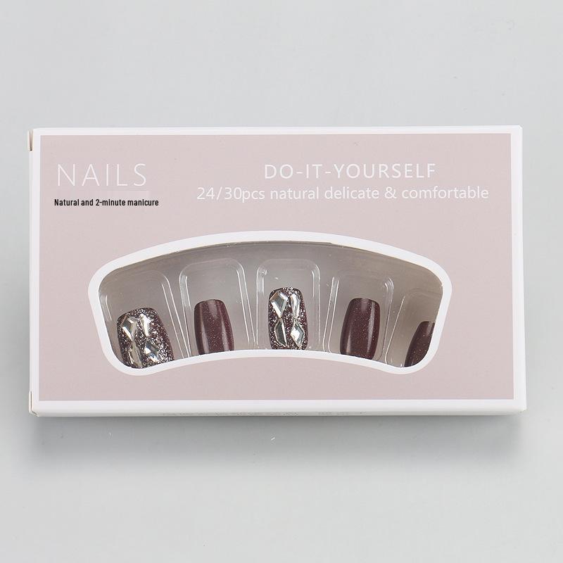 Elegant Red-Brown Rhinestone Cat Eye Nails - Full Size, Autumn/Winter Collection, Handcrafted, 30 Pieces