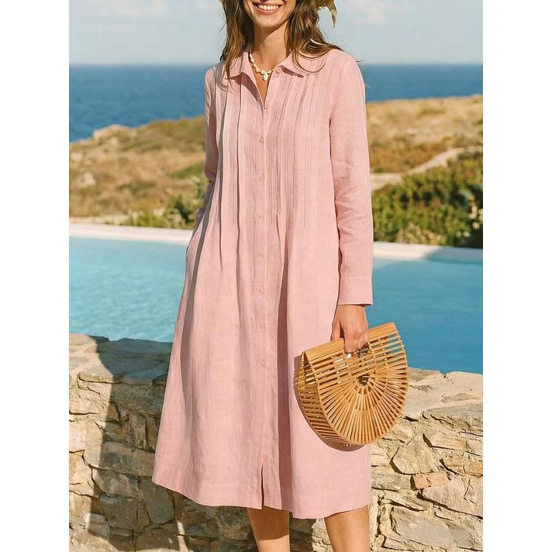 JPNTKY Fashion Summer Spring Solid Color Print Long Sleeve POLO Neck Casual Dresses