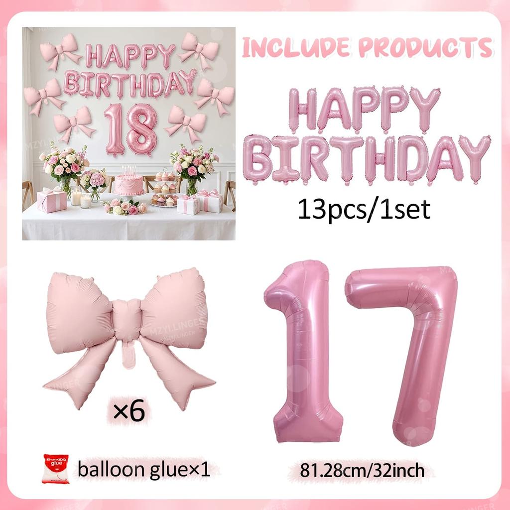Pink Bow Birthday Balloon Happy Birthday Letter Balloon Used for Wedding, Valentine's Day, Birthday, Proposal Decoration Decor