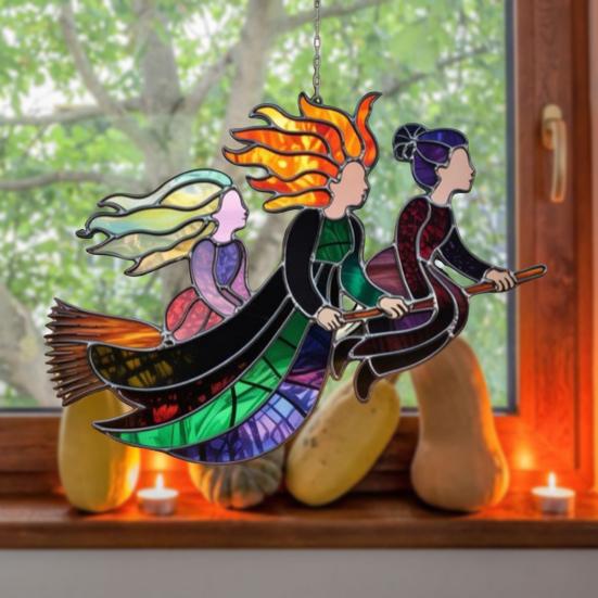 Halloweenský Suncatcher Čarodějnice 3 Čarodějnice Létající na Koštěti Vitrážový Suncatcher Akrylová Závěsná Dekorace na Okno pro Dveře Nástěnná Dekorace