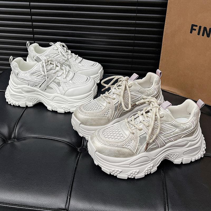 Thick-soled hollow dad shoes women's 2025 new summer shoes versatile breathable mesh rhinestone casual sports sandals