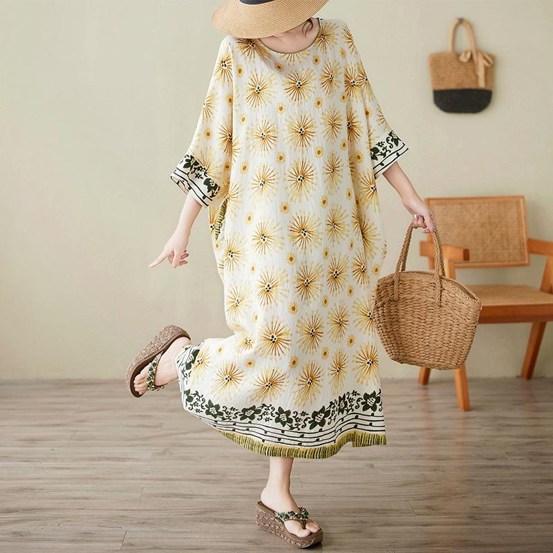 Plus Size Summer Dress for Women Loose Vintage Short Sleeve O Neck Casual Oversized Flower Print Holiday Beach Dresses