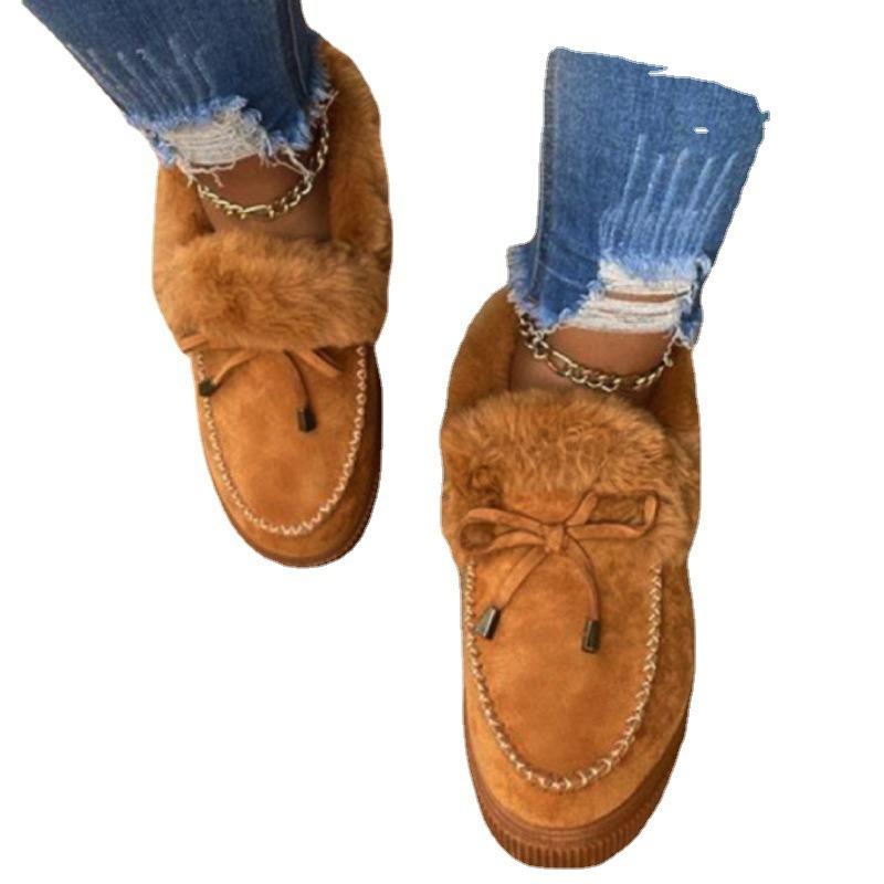 New Women's Shoes Women's Cotton Shoes Winter Bow Warm Shoes Flat-soled Fluffy Shoes