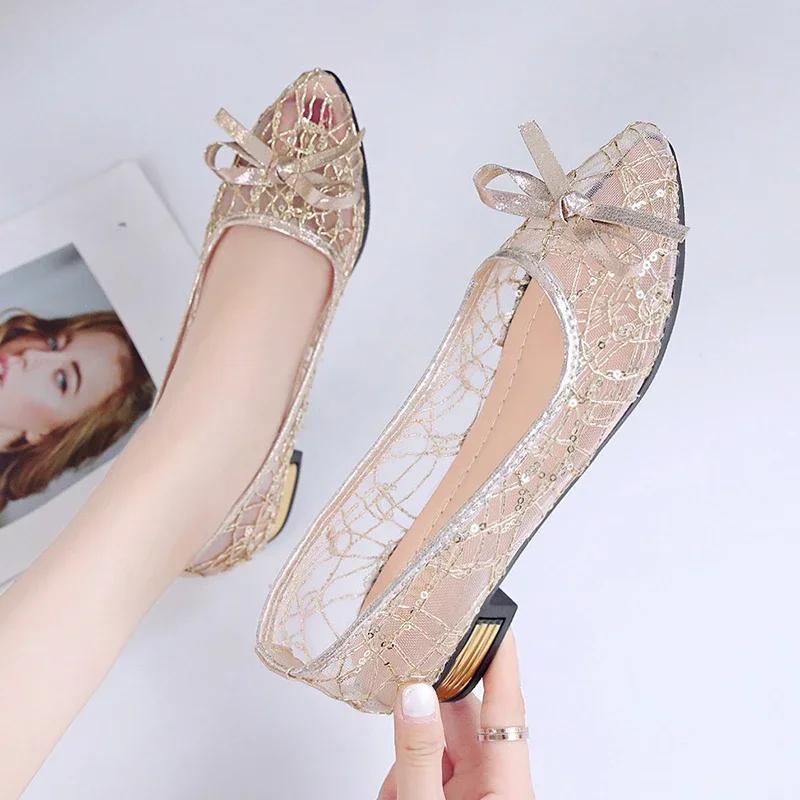 

Летняя повседневная мода с острым носком на низком каблуке, однотонная, удобная, нескользящая, износостойкая, простая, с бантом, женская обувь 42