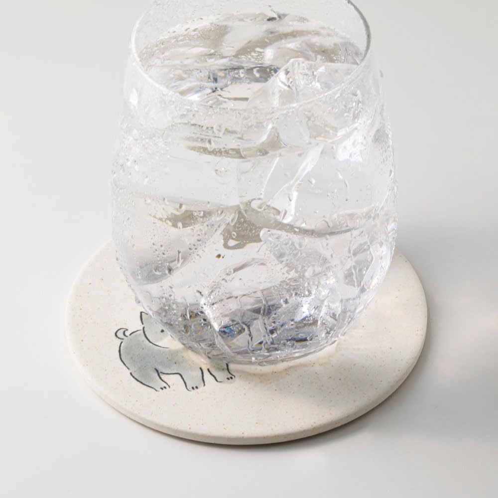 &NE Ceramic Diatomaceous Earth Coaster, Mameshiba, "Gokigen" (Good Mood) Design, 9.7cm Diameter X 0.6cm Thick, Absorbent, Made In Japan, Mino Ware,