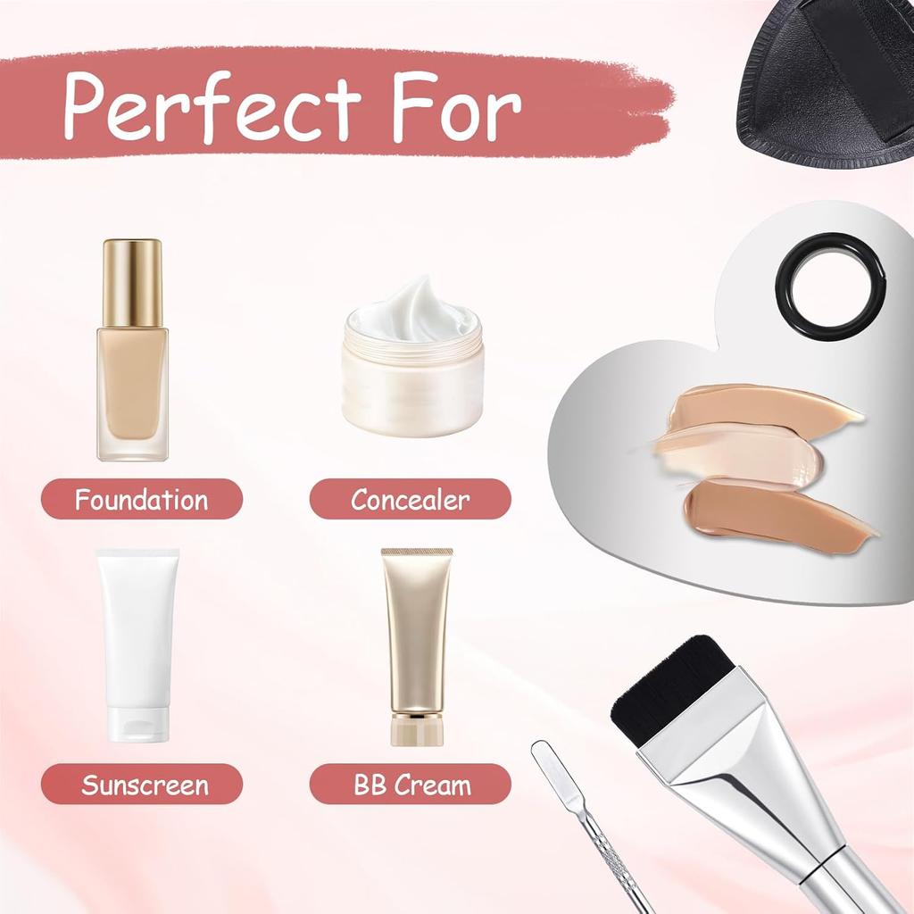 Makeup Mixing Palette Korean Set with Foundation Brush and Spatula, Professional Stainless Steel Heart Makeup Palette Reusable Beauty Tools for