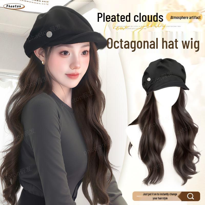 Women's Cloud Octagonal Wig Hat - Natural Full Coverage with Big Waves for Autumn and Winter Fashion