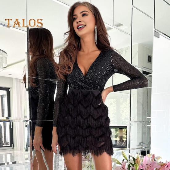 Partykleid für Damen mit glitzernden Pailletten, langen Ärmeln, tiefem V-Ausschnitt, Korsett-Minikleid, Herbst/Winter, Cocktail-Galakleid für Party, Abschlussball, Nachtclub