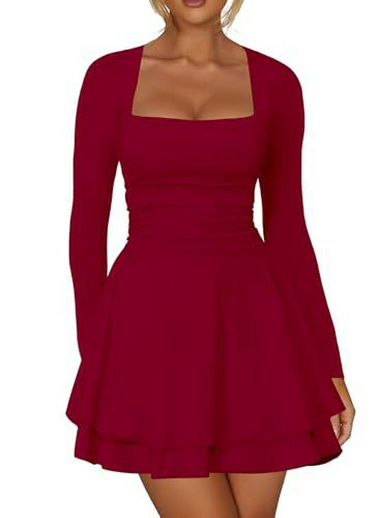 European & American Women's Square Neck Long Sleeve Slim Fit Short Dress - Beach Vacation Style