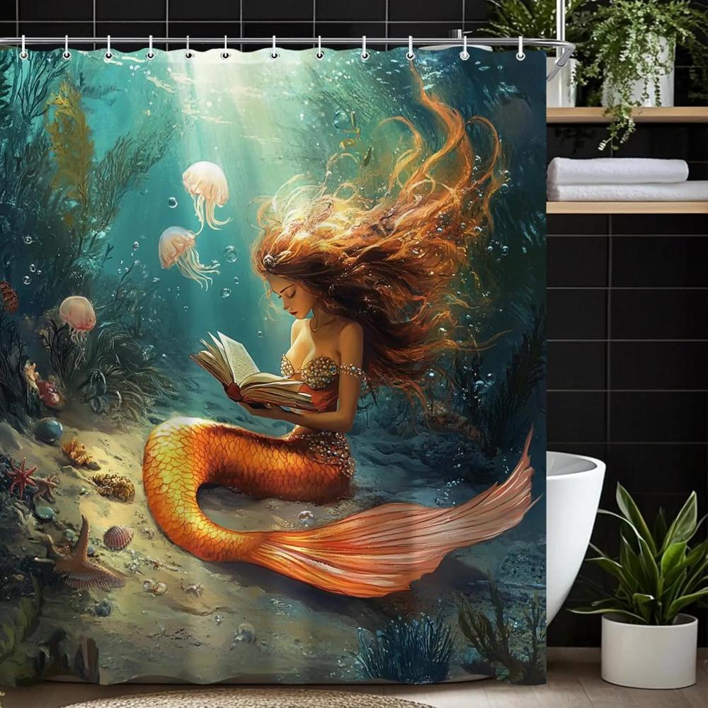 Mermaid Ocean Printed Shower Curtain Vintage Retro Teal Jellyfish Seaweed For Bathroom Decor