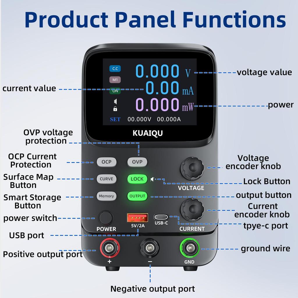 Regolatori di Tensione Variabili 0-30V 0-10A 300W, KUAIQU, Display TFT a 5 Cifre 0.01mA Visualizzazione Curva Tensione Corrente OCP OVP Per Rilevamento Consumo Energetico