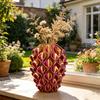 3D Printed Red Gold Flower Vase Sculptural Wave Geometric Textured Decorative Ripple Vase Modern Boho Home Decor for Coffee Table Shelf Entryway