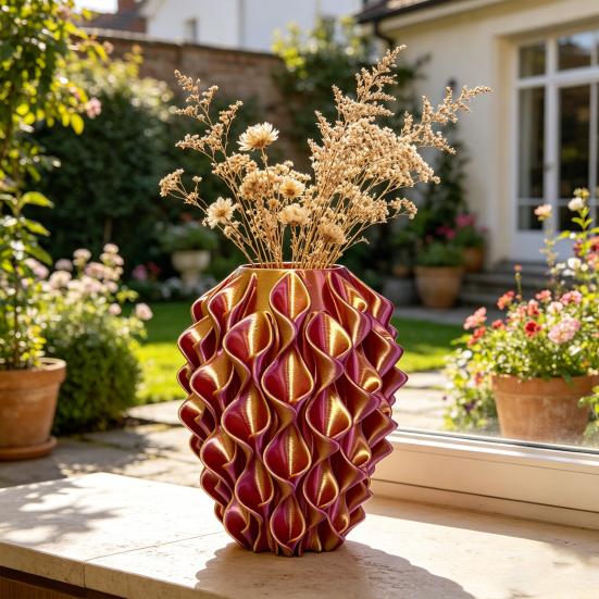 3D Printed Red Gold Flower Vase Sculptural Wave Geometric Textured Decorative Ripple Vase Modern Boho Home Decor for Coffee Table Shelf Entryway