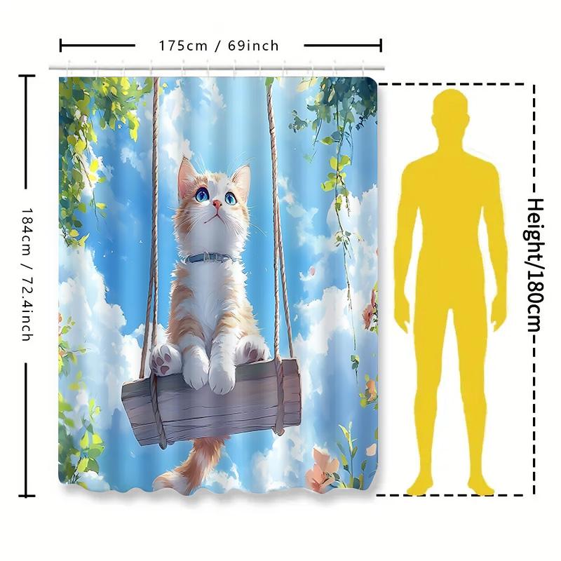 

Милый кот на качелях Занавеска для душа с дизайном голубого неба и облаков для декора ванной комнаты Добавьте нотку причудливости Водонепроницаемая полиэстеровая ткань 90X180cm(35x70in)