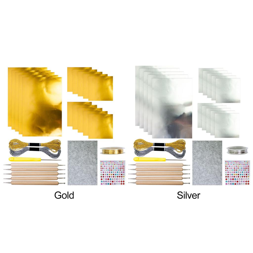 15 Stück Folienblätter mit Schnitzwerkzeugen Ahle Aufkleber Metallfaden Folie Geprägt Bastelset Kunstwerkherstellungs-Set
