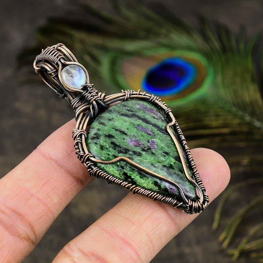 Ruby Zosite, Moonstone Lab-Created Copper Wire Wrap Jewelry Pendant 2.25" t6D49