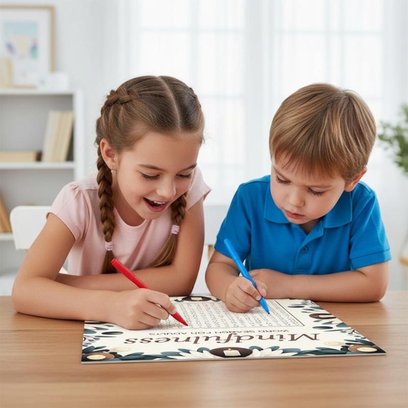 Cuaderno de actividades de búsqueda de palabras, libro de rompecabezas con materiales de papel reciclado que ofrece diversión ecológica lejos de las pantallas digitales.